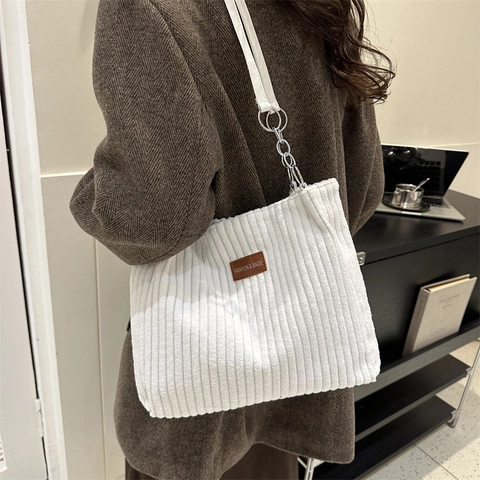 Borsa Tote in Velluto a Coste Rétro da Donna Grande Capacità Borsa a Tracolla Casual Con Catena in Metallo Moda