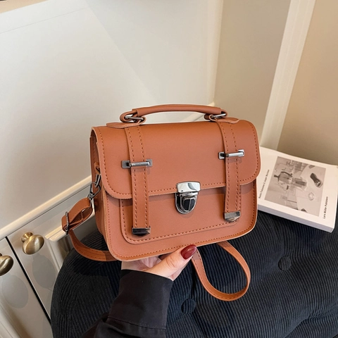 Retro PU Leather Small Square Bag For Women Vintage Shoulder Crossbody Handbag With Metal Buckle Top Handle Simple Versatile
