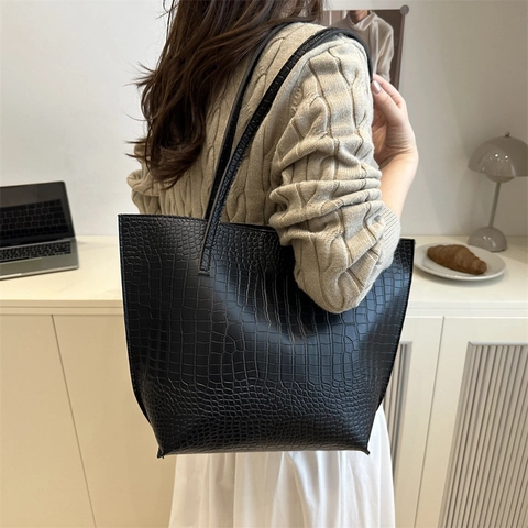 Sac Fourre-tout Grande Capacité Motif Crocodile Minimaliste en Cuir PU Sac à Épaule Décontracté Navettage Sac à Main pour Femmes
