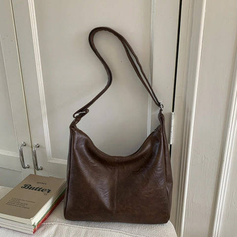 Vintage PU Leather Hobo Shoulder Bag Large Capacity Solid Color Minimalist Retro Underarm Tote For Women