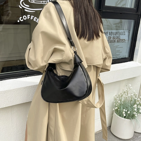 Women PU Leather Hobo Shoulder Bag Retro Dumpling Crossbody Bag With Adjustable Strap Casual Solid Color Daily Fashion Handbag