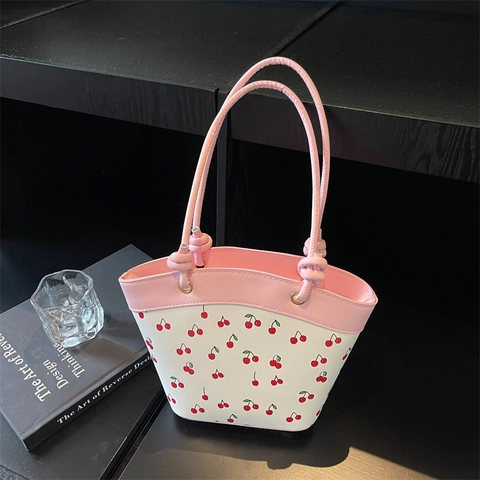 Bolso Seau con Estampado de Cerezas para Mujer Estilo Coreano Cuero PU Color de Contraste Bolso de Hombro con Asa de Nudo