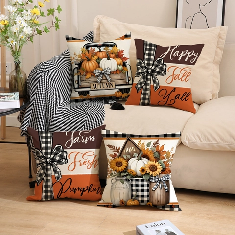 Funda de Almohada Decorativa de Lino con Calabaza y Girasol Otoño Camión de Acción de Gracias Buffalo Plaid Sofá Hogar