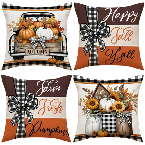 Funda de Almohada Decorativa de Lino con Calabaza y Girasol Otoño Camión de Acción de Gracias Buffalo Plaid Sofá Hogar