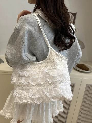 Koreaanse Elegante Witte Kant Tote Bag Gelaagde Ruffles Schoudertas Mode Zoete Casual Mesh Crossbody Handtas Voor Vrouwen