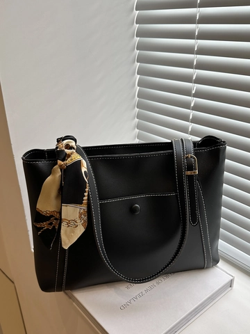 Women Retro PU Leather Messenger Bag Urban Minimalist Shoulder Tote Handbag With Satin Scarf Decor Contrast Stitching Office Commute Bag