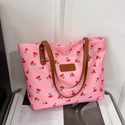 Borsa Tote Da Donna Con Stampa Ciliegie Nylon Casual Grande Capacità Borsa A Tracolla Stile Carino E Fresco Alla Moda Versatile