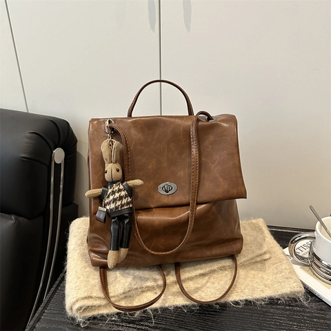 Zaino Vintage da Donna in Pelle PU Moda Grande Capacità Borsa a Mano a Doppio Uso Borsa Tote Urban Minimalist Con Ciondolo a Coniglio