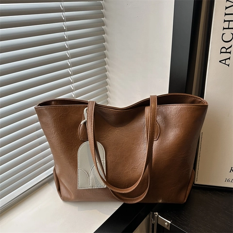 Bolso Tote de Cuero PU Minimalista Vintage Gran Capacidad Color Sólido Bolso de Hombro para Mujer Bolso Versátil para Diario