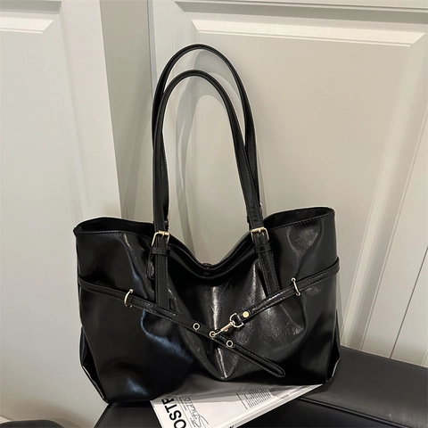 Vintage Maillard Large Capacity Tote Bag For Women PU Leather Solid Color Commuting Shoulder Bag With Decorative Belt