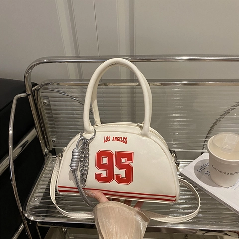 Borsa Bowling da Donna Vintage Sportiva in Pelle PU Con Stampa Los Angeles 95 Borsa a Mano e a Tracolla Con Catena in Metallo