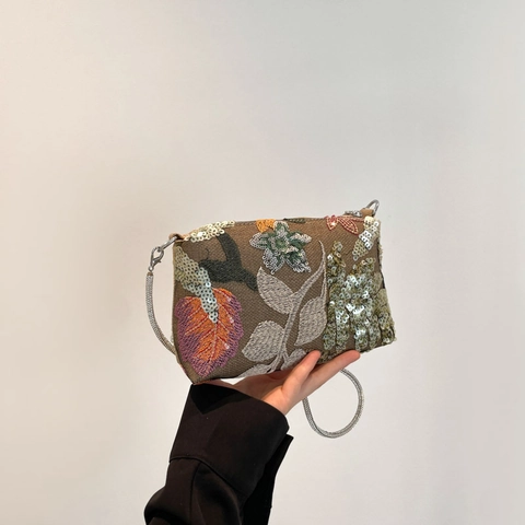 Sac à Épaule Vintage Pour Femme En Toile Avec Broderie Florale Et Paillettes Petite Pochette Avec Chaîne Argentée Pour Fête
