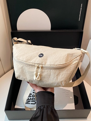Borsa a Tracolla Casual da Donna in Nylon a Mezza Luna Con Ricamo Logo OK Moda Doppia Cerniera Borsa a Spalla Tracolla Regolabile