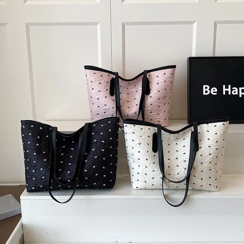 Tote Bag Plissierte Blasenstruktur Große Kapazität Schleifenmuster Schulterhandtasche Für Frauen Pendeln Mode Vielseitig