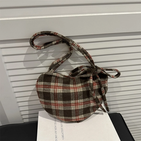 Damen Herzform Kariert Schultertasche Wollstoff Gingham Unterachseltasche Mit Schleife Retro Süß Umhängetasche Für Alltag