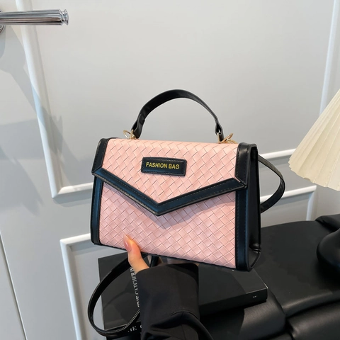 Bolso de Hombro Cuadrado Pequeño de Cuero PU Tejido para Mujer Bolso de Mano con Solapa de Color en Contraste Asa Superior Correa Desmontable