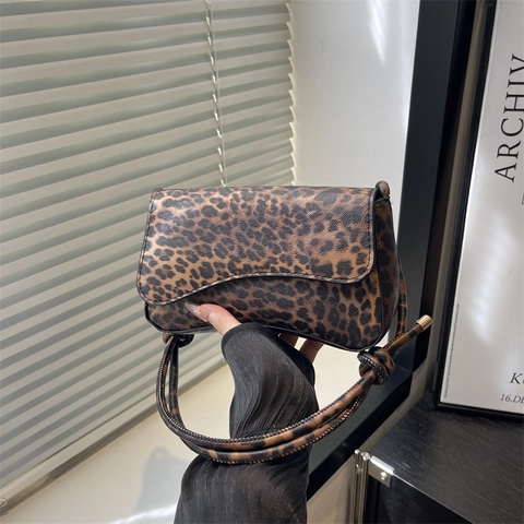Leopard Print PU Leather Underarm Bag Fashionable Flap Magnetic Buckle Small Square Shoulder Bag With Knot Strap For Women