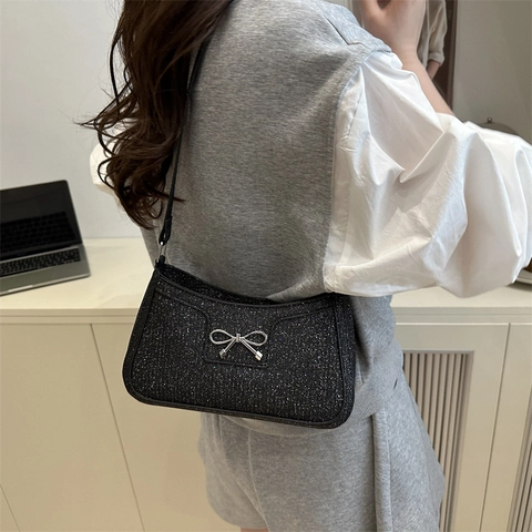 Women's Fashion Sequin Underarm Bag Metal Bowknot Decoration Shoulder Bag Glitter Small Square Bag For Party Evening Daily