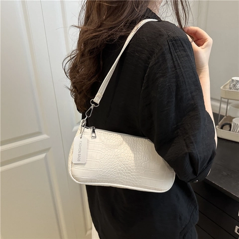 Bolso de Axila de Cuero PU con Textura de Cocodrilo Minimalista Para Mujer Color Sólido Casual Bolso de Hombro Baguette con Etiqueta