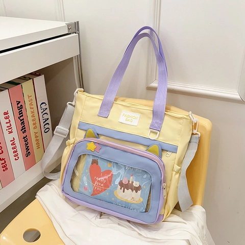 Kawaii Sac Ita Oreilles de Chat Nylon PVC Fenêtre Transparente Couleur Contrastée Sac Bandoulière Fourre-Tout Pour École Voyage Femme