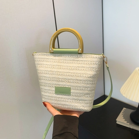 Woven Straw Bucket Bag With Wooden Handle PU Leather Strap Summer Beach Vacation Handheld Crossbody Purse For Women