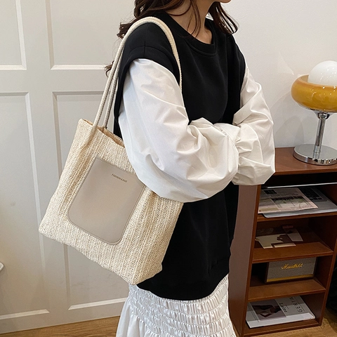 Women Straw Woven Tote Bag Large Capacity Minimalist Niche Shoulder Bag With PU Patch Cotton Rope Handles Vacation Commuter Bag