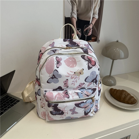 Zaino da Donna in Nylon Stampato Grande Capacità Borsa da Scuola per Studenti Motivo a Farfalla Ciliegia Zaino Casual per Pendolari