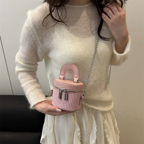 Borsa a Tracolla Intrecciata Cilindrica da Donna Mini Borsa a Mano in Pelle PU Con Tracolla a Catena Street Trendy Box Bag
