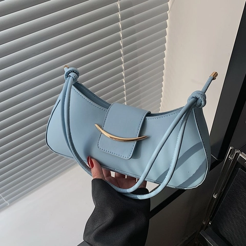 Damen PU Leder Hobo Tasche Französisch Minimalistisch Halbmond Schultertasche Gold Metallschnalle Knoten Griff Umhängetasche Mode