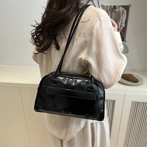 Bolso de Hombro de PU para Mujer de Moda Minimalista Color Sólido Bolso de Axila Vintage Brillante de Viaje Bolso Almohada Para Compras Diarias