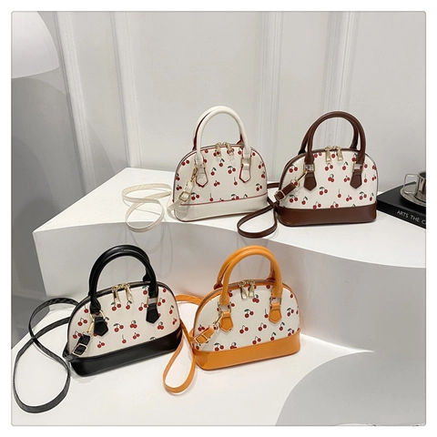 Borsa Donna in Pelle PU a Conchiglia con Stampa Ciliegie Moda Borsa a Mano Tracolla Piccola per Uso Quotidiano Casual