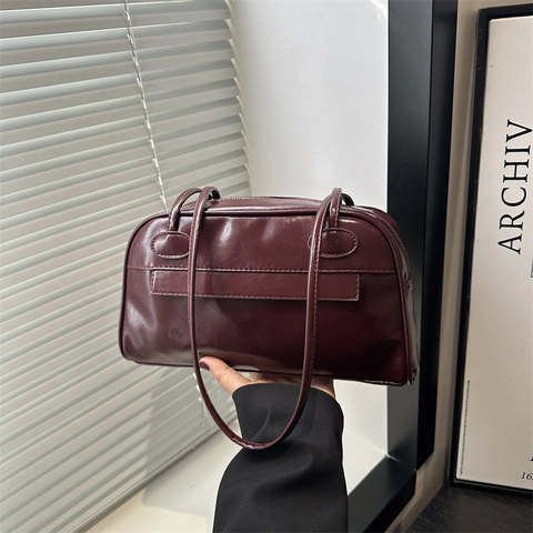 Borsa a Spalla da Donna in Pelle PU di Grande Capacità Borsa da Bowling Retrò Minimalista con Cerniera Sottobraccio Shopping Bag per Pendolari