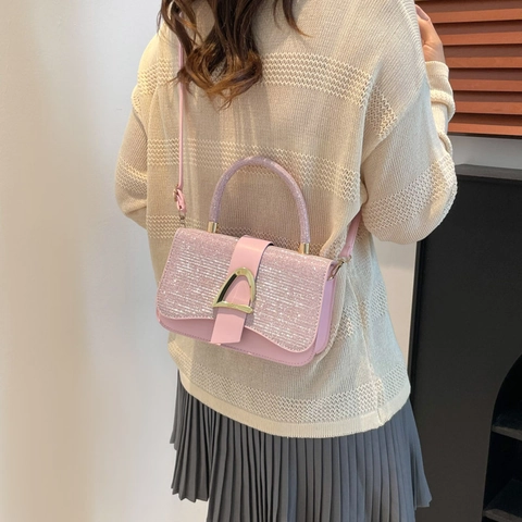 Sac à Bandoulière en Cuir PU Scintillant pour Femmes Minimaliste pour le Quotidien Petit Sac à Main Carré Avec Boucle en Métal Sac d'Épaule de Fête