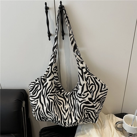 Borsa Tote in Tela da Donna Grande Capacità Stampa Zebra Leopardo Plaid Borsa a Spalla Casual Plissettata Viaggio Borsa Hobo Borsa a Mano Minimalista