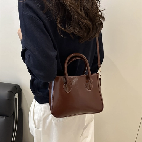 Glossy PU Leather Handbag Women Solid Color Square Shoulder Crossbody Bag Minimalist Elegant Daily Commute Satchel