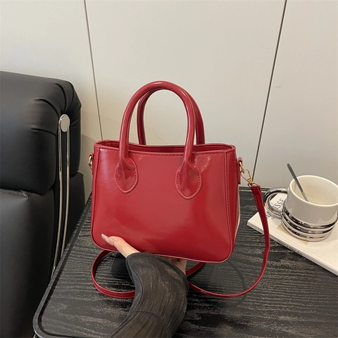 Glossy PU Leather Handbag Women Solid Color Square Shoulder Crossbody Bag Minimalist Elegant Daily Commute Satchel