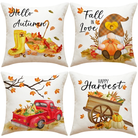 Funda de Almohada de Otoño Acción de Gracias Calabaza Gnomo Girasol Camión Poliéster Lino Funda de Cojín para Sofá