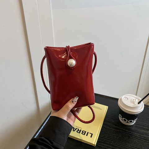 Women Minimalist PU Leather Phone Bag With Artificial Pearl Decor Solid Color Crossbody Shoulder Bag Small Square Bag