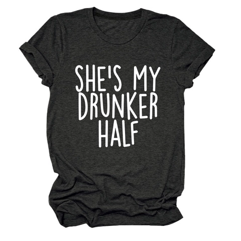 Maglietta Da Donna Manica Corta Girocollo Misto Cotone Stampa Shes My Drunker Half Top Estivo Casual