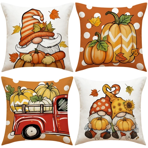 Autumn Harvest Gnome Pumpkin Truck Linen Pillowcase Thanksgiving Decorative Square Cushion Cover For Sofa Couch Home Decor