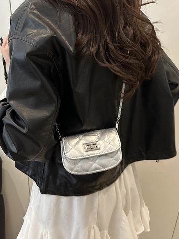 Mini Quilted Crossbody Bag For Women PU Leather Diamond Pattern Chain Strap Metal Rotary Lock Fashion Small Square Purse