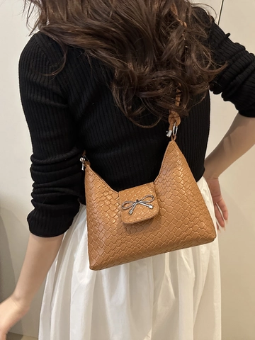 Bolso de Hombro Trenzado con Lazo para Mujer Cuero PU Minimalista Versátil Bolso Hobo Media Luna Color Sólido Uso Diario