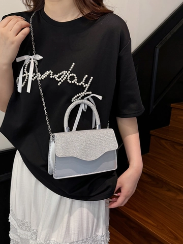 Elegante Borsa a Mano con Strass e Glitter per Donna Clutch da Sera con Manico in Metallo Catena Tracolla Piccola Borsa Quadrata