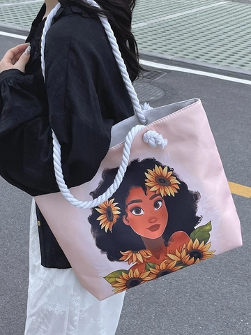 Large Capacity Canvas Tote Bag For Women African Women Character Print Casual Shoulder Bag With Thick Cotton Rope Handle