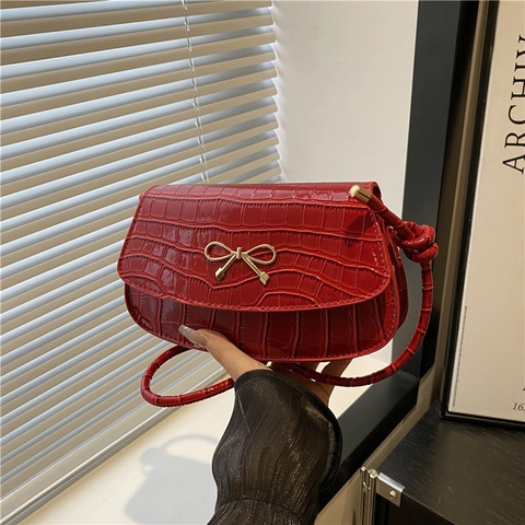 Retro Croc-Effect PU Leather Crossbody Handbag With Metal Bow Buckle Elegant Small Square Bag For Women Daily Fashion