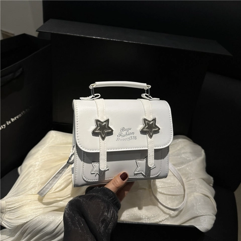 Bolso Bandolera de Mujer de Cuero PU con Decoración de Estrellas Estilo Preppy Bolso de Mano Cuadrado Pequeño Color Sólido Versátil