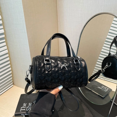 Borsa A Tracolla Cilindro Trapuntata Cuore Pelle PU Con Fiocco Argento Borsa A Mano Per Donna Moda Tracolla Regolabile