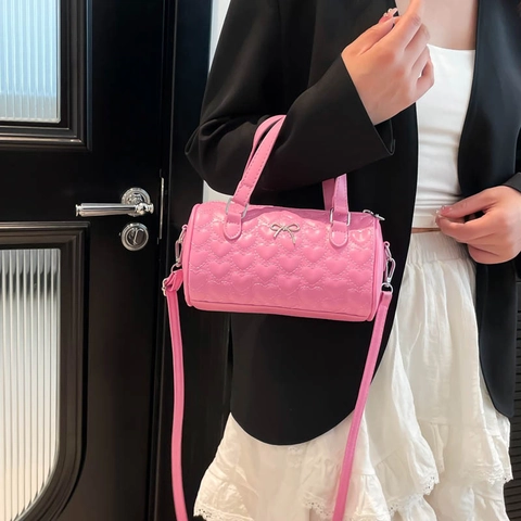 Borsa A Tracolla Cilindro Trapuntata Cuore Pelle PU Con Fiocco Argento Borsa A Mano Per Donna Moda Tracolla Regolabile