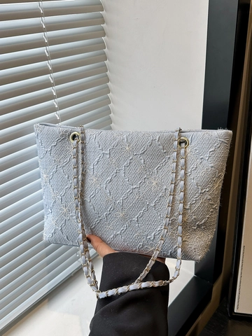 Borsa Tote da Donna in Tessuto Strutturato Ricamo Floreale 3D Grande Capacità Borsa a Spalla Con Tracolla a Catena in Metallo