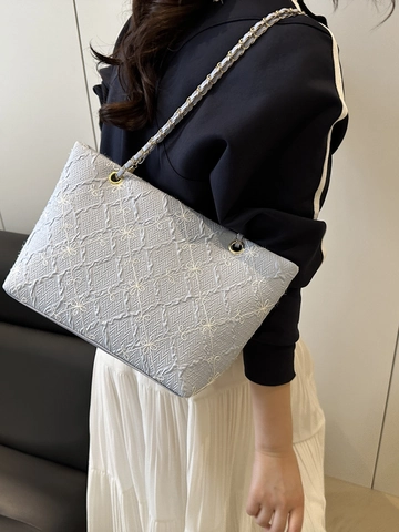 Borsa Tote da Donna in Tessuto Strutturato Ricamo Floreale 3D Grande Capacità Borsa a Spalla Con Tracolla a Catena in Metallo